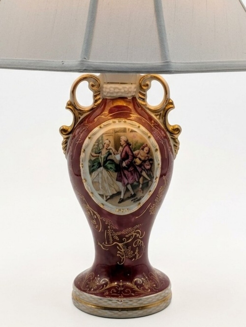 Mid-century Rococo Style Burgundy & Gold Porcelain Figural Urn Table Lamp - Picture 6 of 16